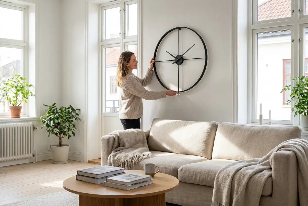 Moderne Wanduhr in einem skandinavischen Wohnzimmer mit natürlichen Materialien und weicher Beleuchtung