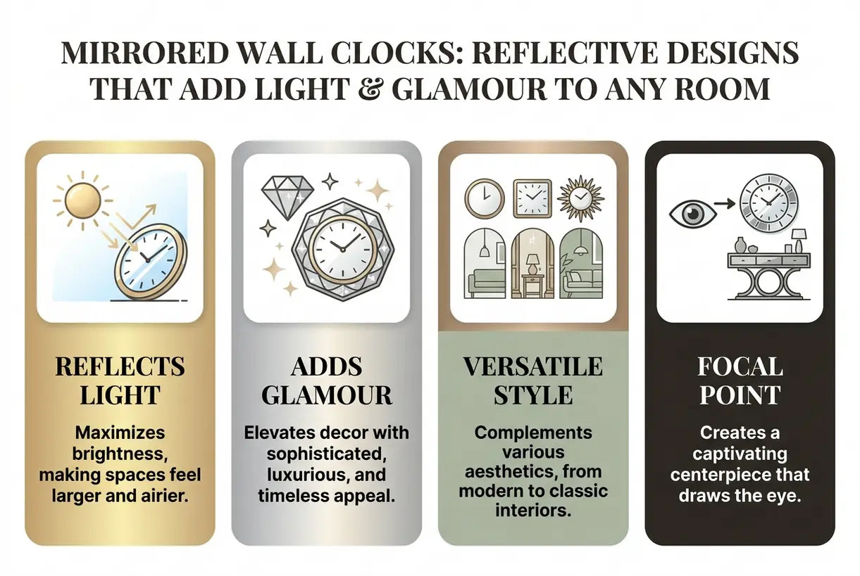 Mirrored Wall Clocks: Reflective Designs That Add Light & Glamour to Any Room - infographic