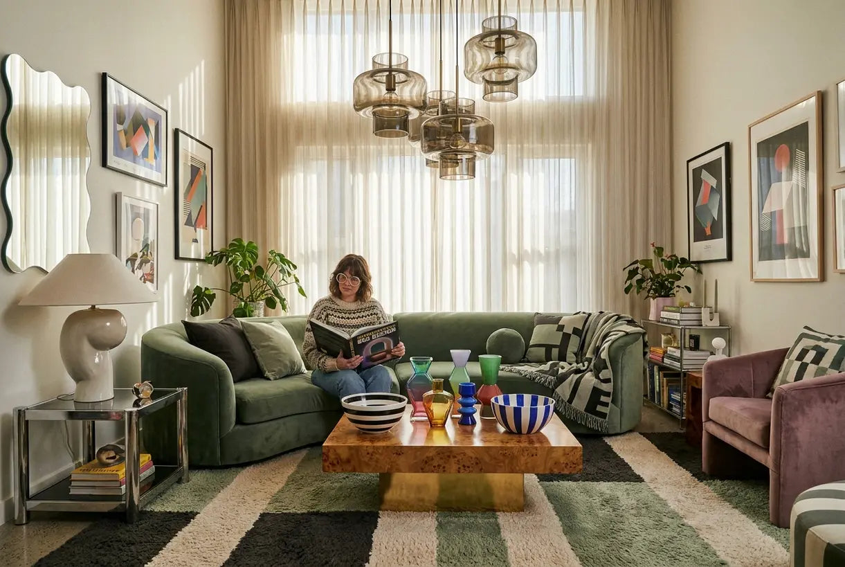 Retro-modern living room with 1980s geometric decor and statement lighting