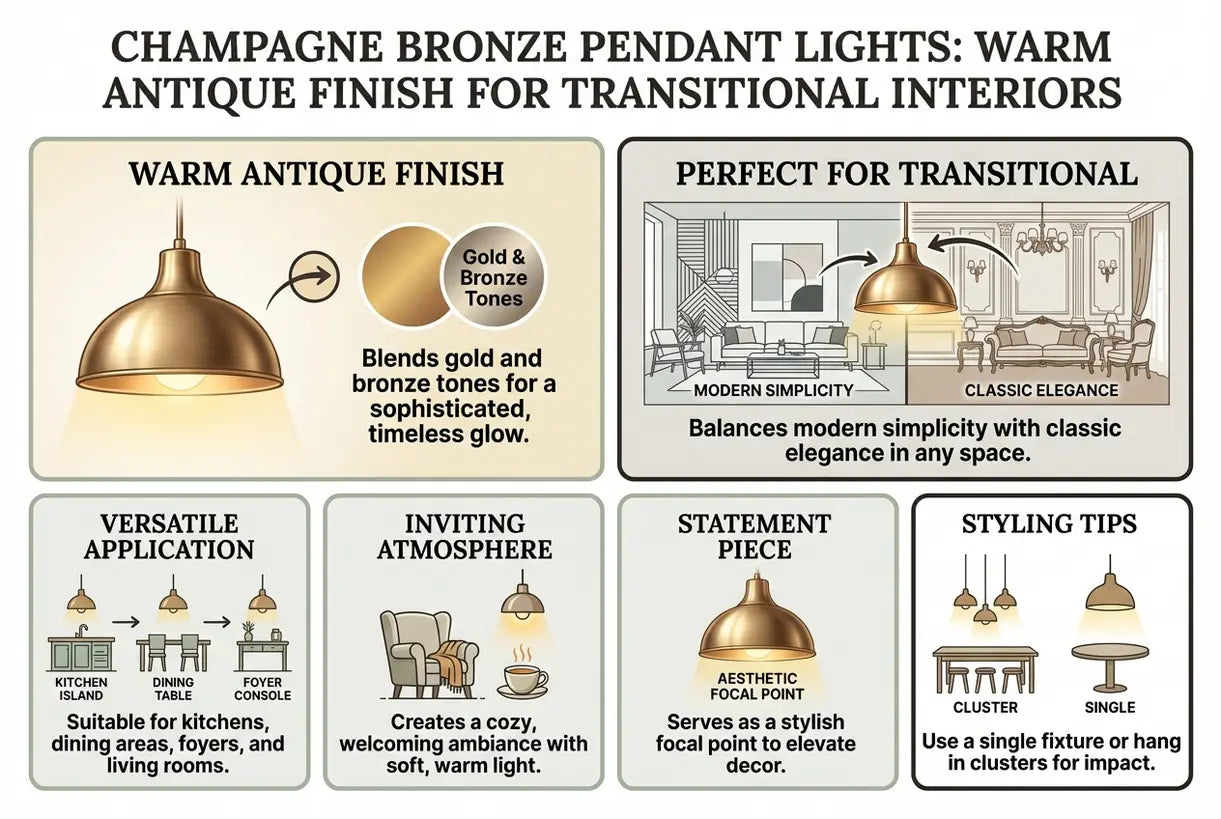 Champagne Bronze Pendellampen: Warme antieke afwerking voor overgangsinterieurs - infographic