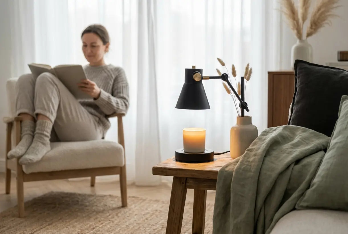 Scandinavische slaapkamer met verstelbare kaarsverwarmerlamp die een gezellige sfeer creëert