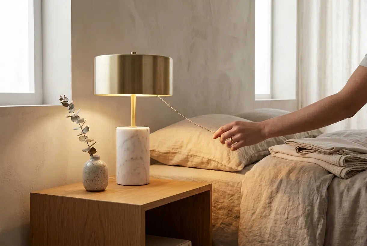 Marmeren messing tafellamp in Scandinavisch slaapkamerinterieur met warme sfeervolle gloed