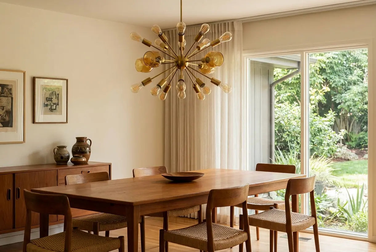 Mid-century modern dining room with sputnik starburst chandelier as statement lighting piece