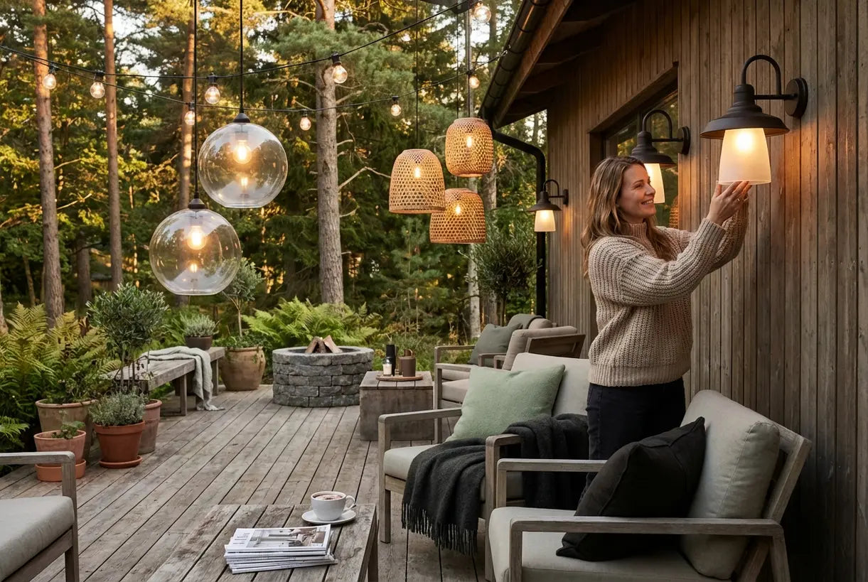 Scandinavisch buitenpatio met weerbestendige lampenkappen die een warme avondsfeer creëren