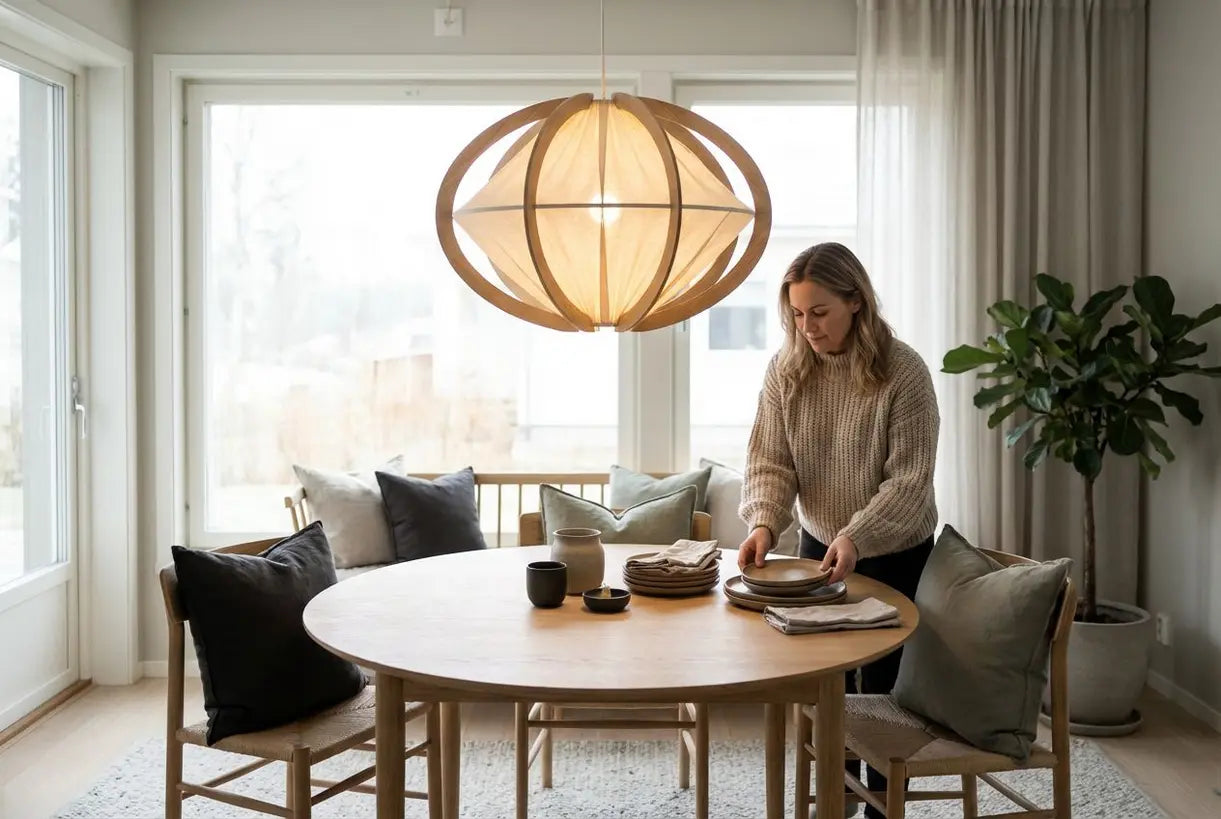 Scandinavische woonkamer met modern plafondarmatuur dat warm gloeit