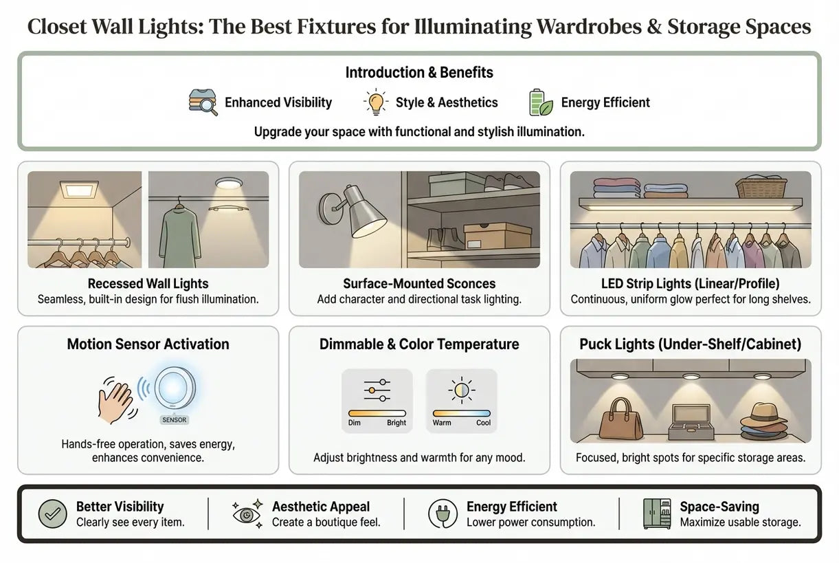 Kastwandlampen: De Beste Armaturen voor het Verlichten van Kledingkasten & Opbergruimtes - infographic