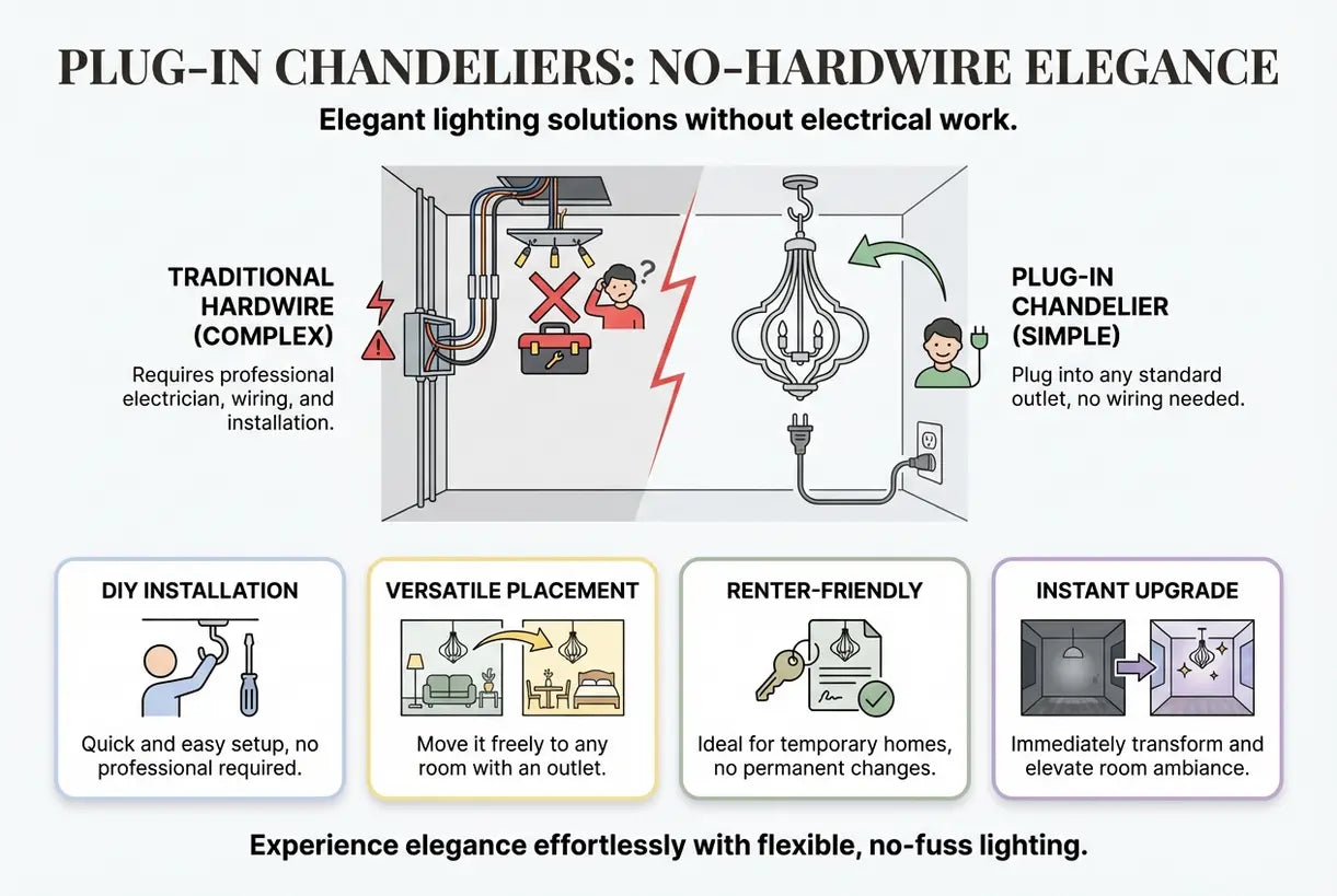 Instekende Kroonluchters: Geen Bedrading Elegantie voor Elke Kamer - infographic