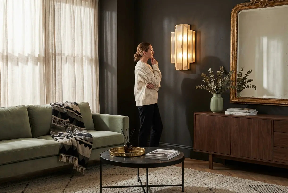 Elegante woonkamer met Art Deco wandkandelaar die warm licht werpt naast een vintage spiegel