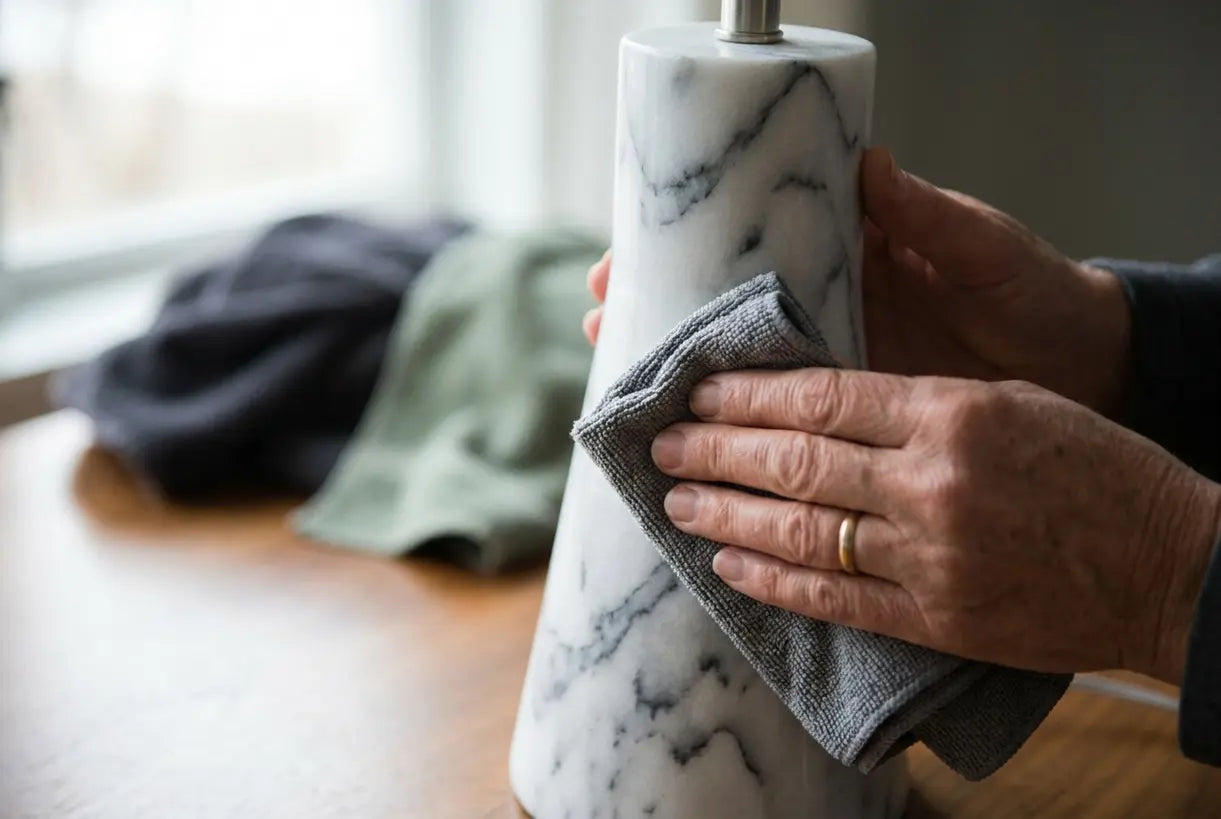 Close-up van handen die de witte Carrara marmeren lampvoet polijsten, met natuurlijke steenaders