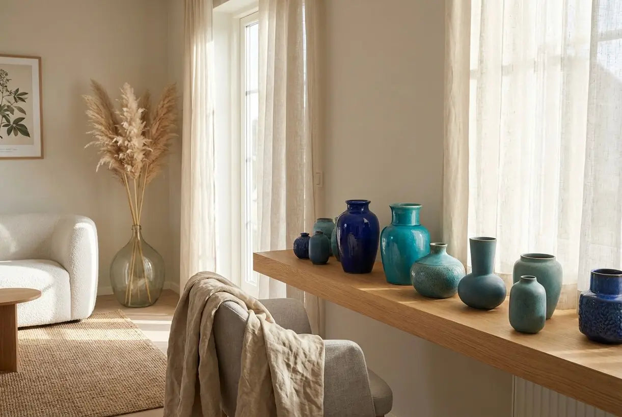Scandinavisch interieur met blauwe keramische vazen in kobalt turkoois en teal tinten