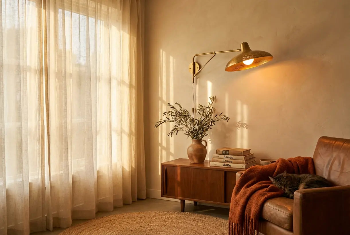 Mid-century moderne wandlamp gemonteerd in een Scandinavisch geïnspireerde woonkamerinterieur