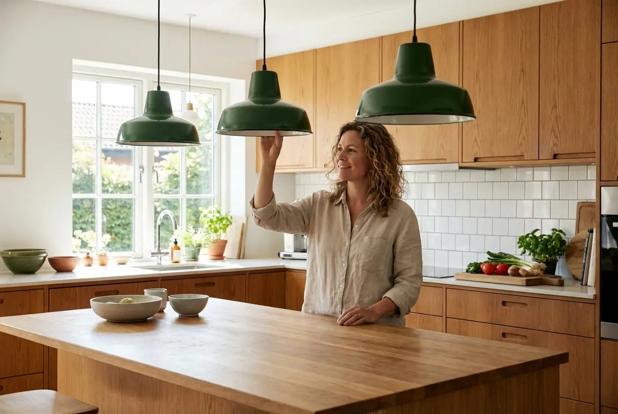 Scandinavische keuken met groene hanglamp boven eiland