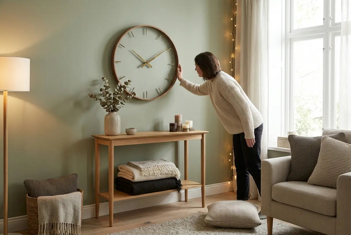 Skandinavisches Wohnzimmer mit dekorativer Wanduhr als Blickfang