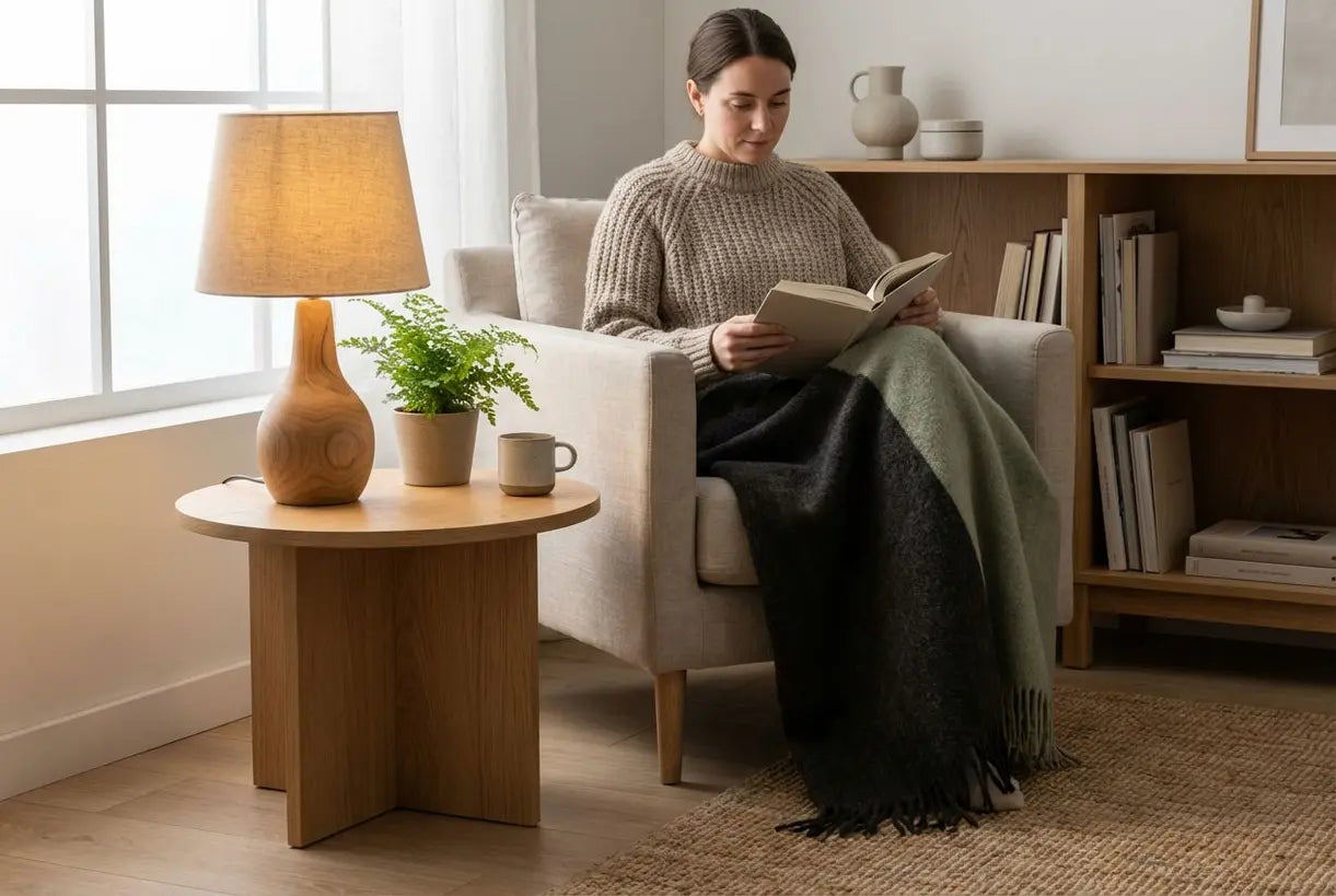 Scandinavisch interieur met houten tafellamp die warm sfeerlicht creëert in een organische woonruimte