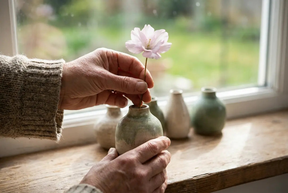 Handen zetten een tere bloemstengel in een mini keramisch vaasje