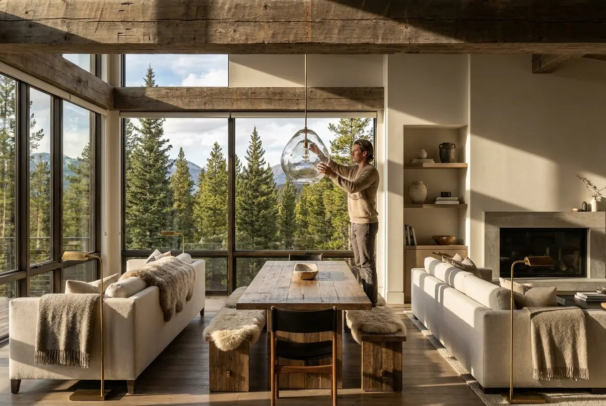 Person engaging with sculptural pendant lighting in modern mountain home with pine forest views
