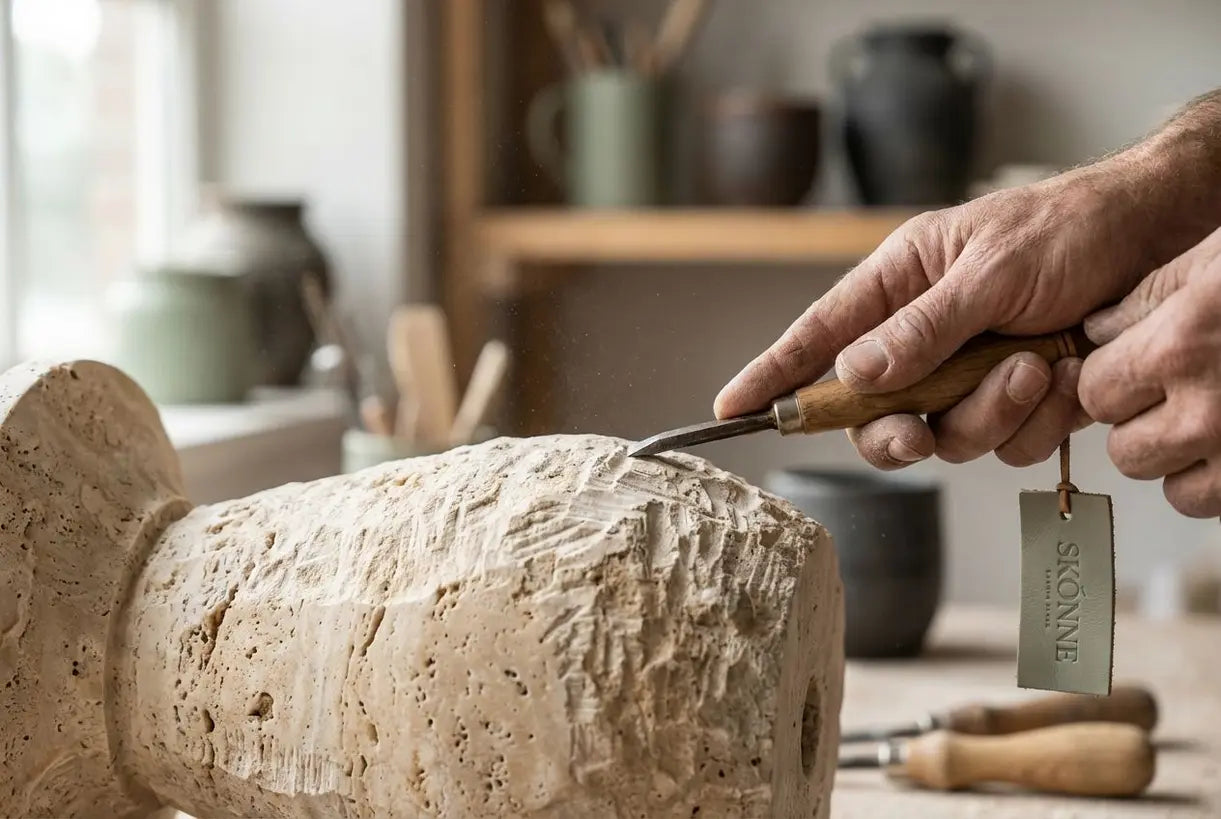 Handwerkerhände schnitzen natürlichen Travertinstein für einen handgefertigten, geschnitzten Steinlampensockel