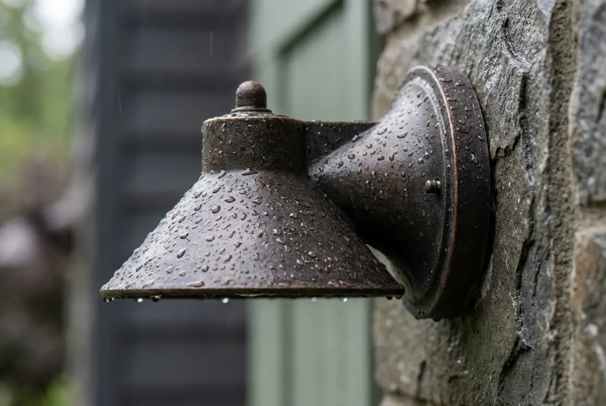 Close-up van waterdruppels op IP65 buitenwandlamp die weerbestendigheid toont