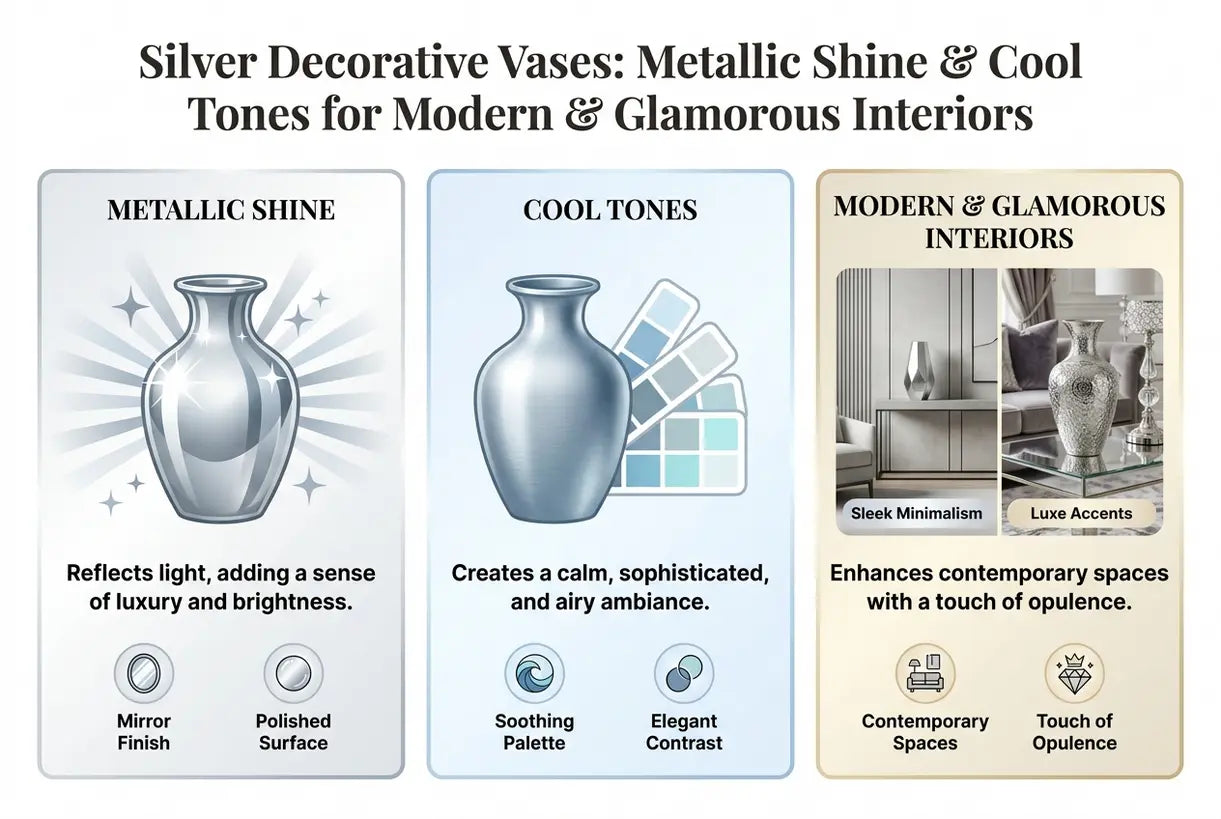 Silver Decorative Vases: Metallic Shine & Cool Tones for Modern & Glamorous Interiors - infographic