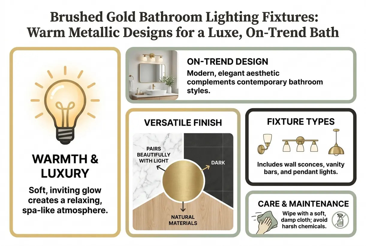 Brushed Gold Bathroom Lighting Fixtures: Warm Metallic Designs for a Luxe, On-Trend Bath - infographic