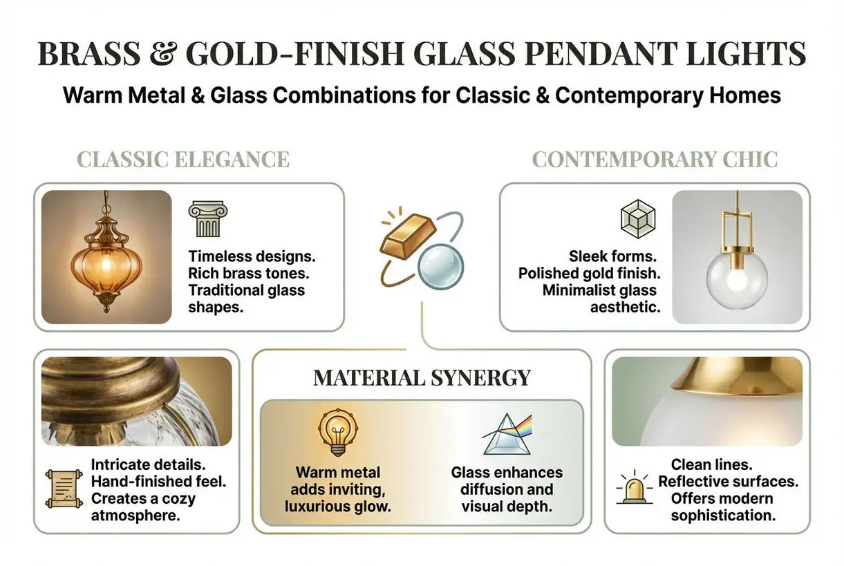Messing & goudkleurige glazen hanglampen: warme metaal & glascombinaties voor klassieke & moderne woningen - infographic