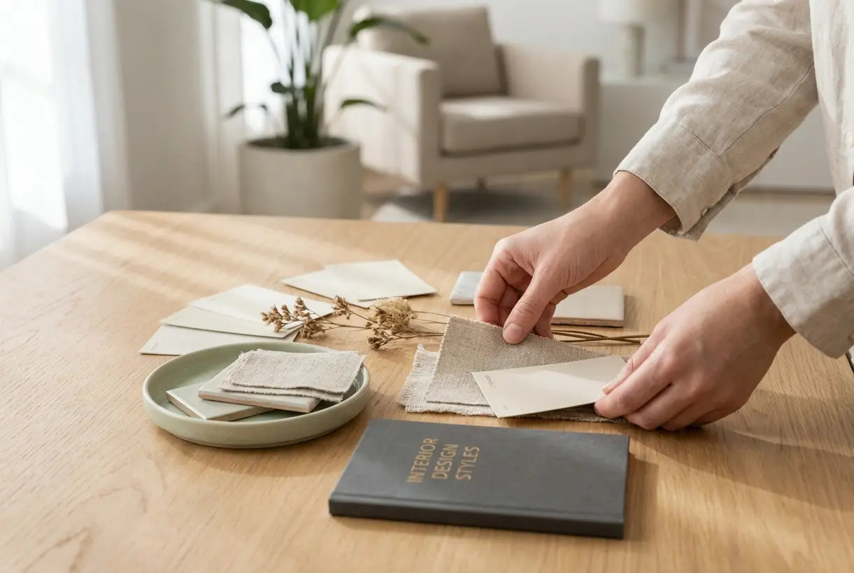 Hands arranging interior design mood board with fabric samples and material swatches for finding personal design style