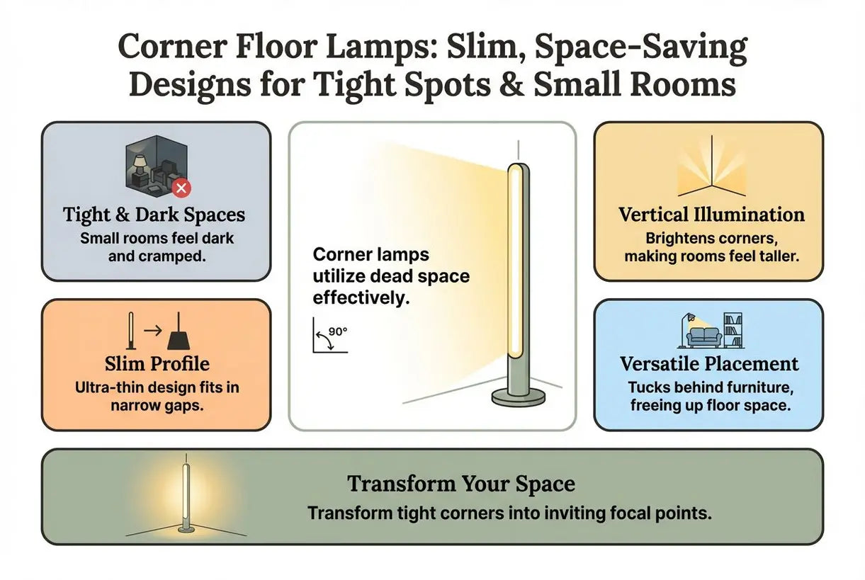 Hoek staande lampen: Slanke, ruimtebesparende ontwerpen voor krappe plekken & kleine kamers - infographic