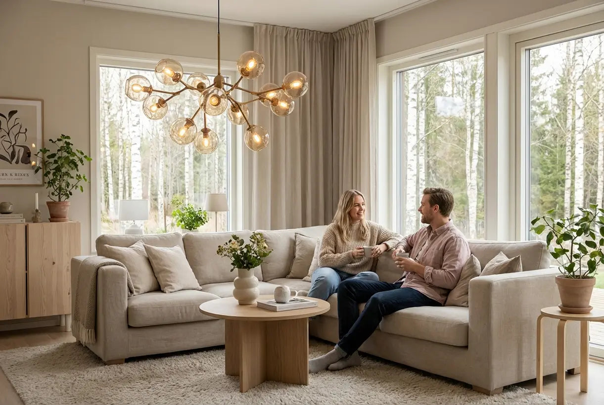 Modern living room with spherical globe chandelier as focal point