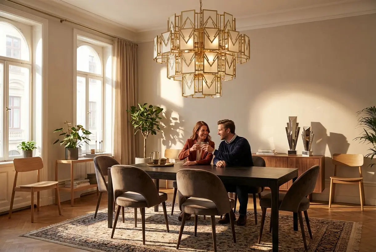 Elegante woonkamer met geometrische Art Deco plafondarmatuur die een warme sfeervolle sfeer creëert