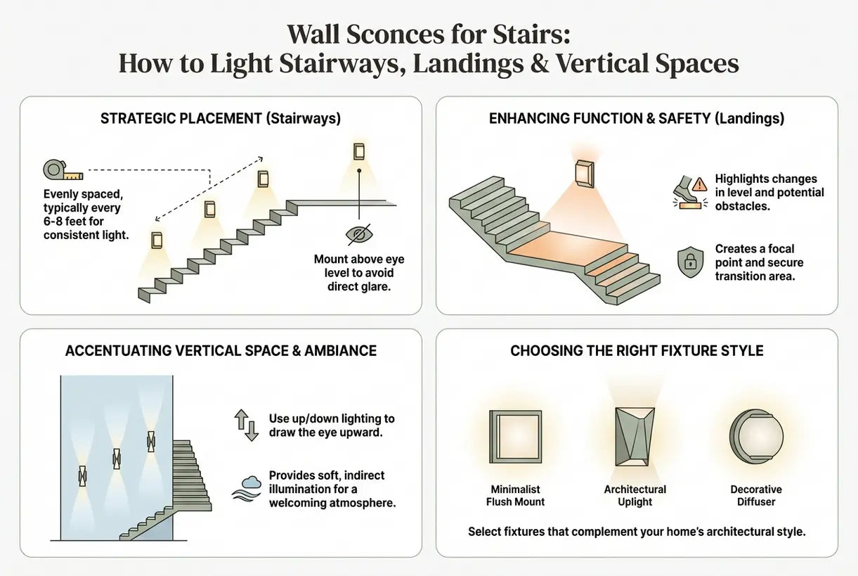 Wall Sconces for Stairs: How to Light Stairways, Landings & Vertical Spaces - infographic