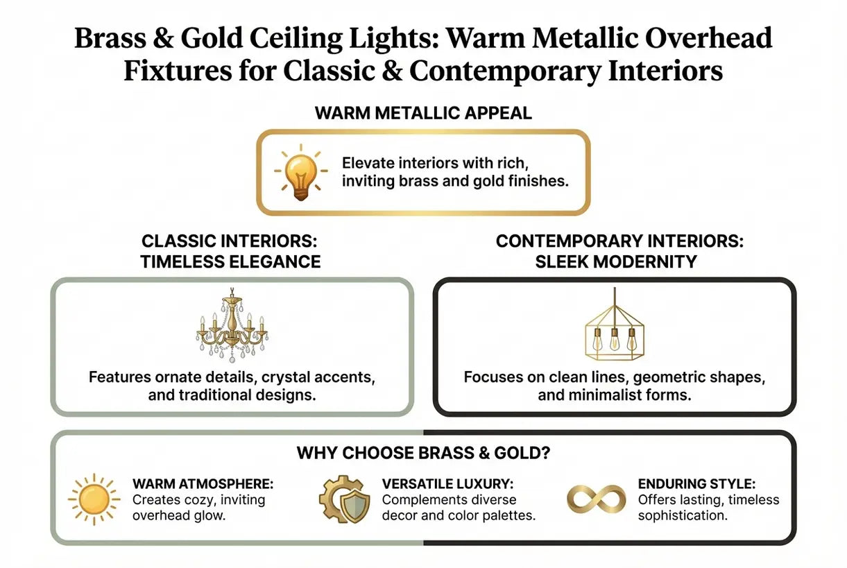 Messing & Gouden Plafondlampen: Warme Metalen Plafondarmaturen voor Klassieke & Eigentijdse Interieurs - infographic