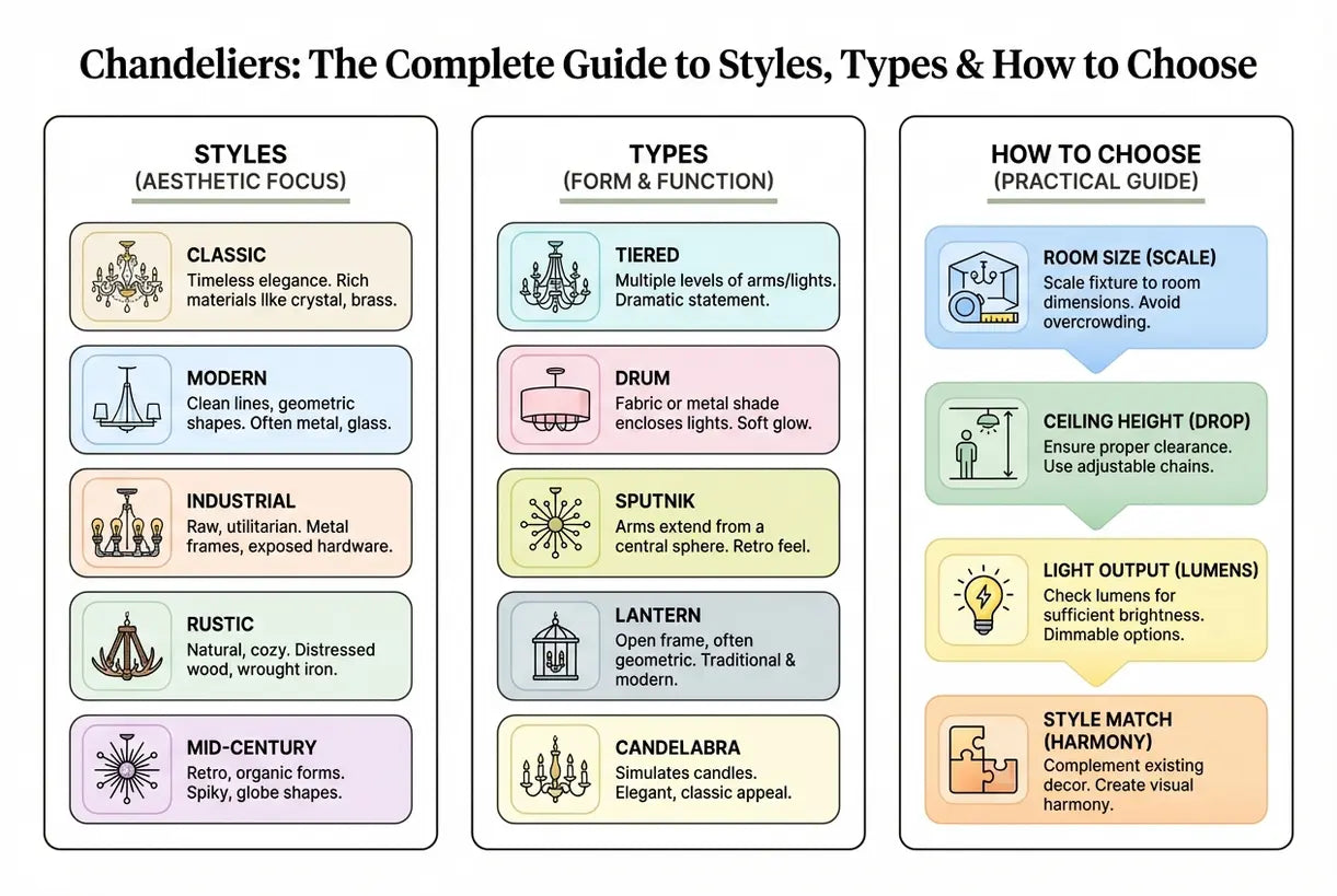Kroonluchters: de complete gids voor stijlen, typen en hoe te kiezen - infographic