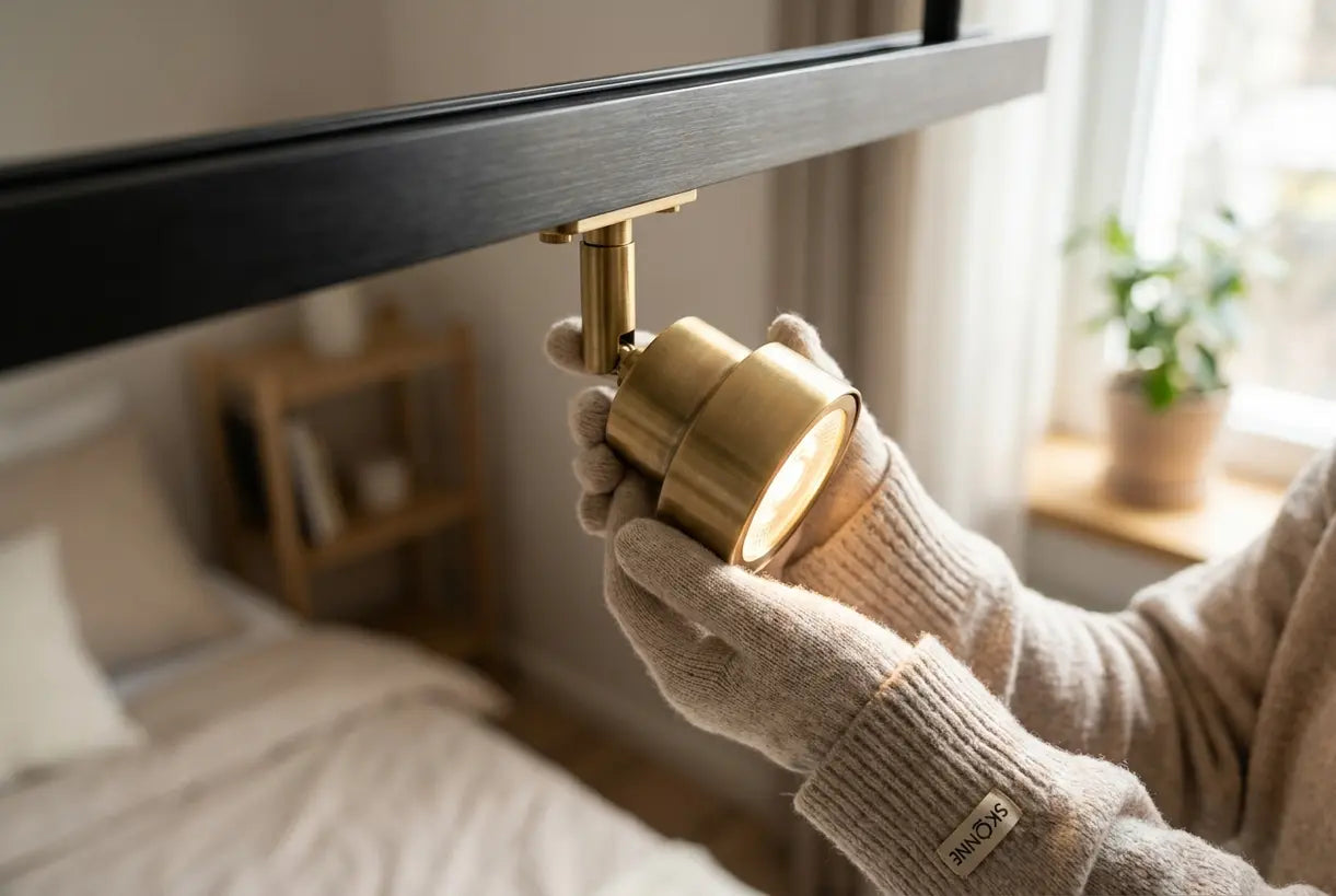 Hands adjusting bedroom track lighting fixture head for directional lighting control