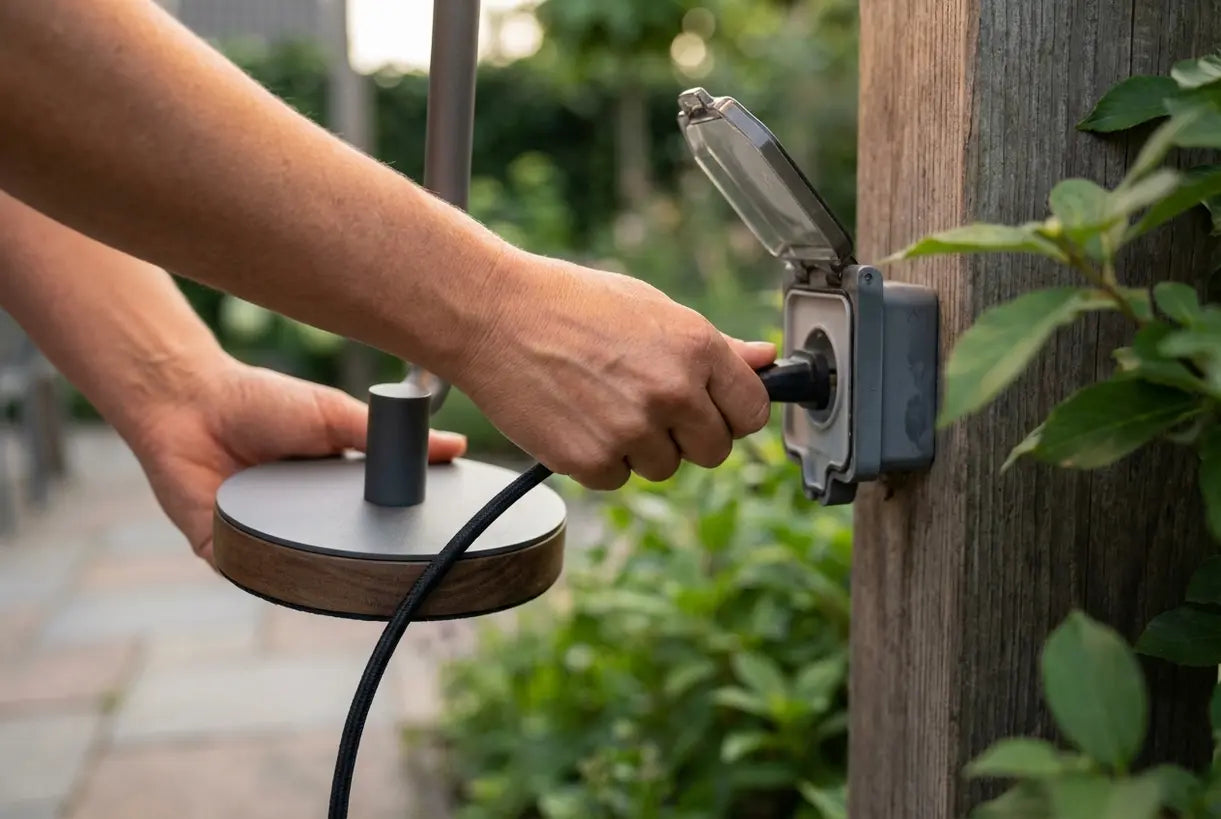 Handen die een Scandinavische buitenlamp in een terrasstopcontact steken, gemak van een plug-in buitenlamp