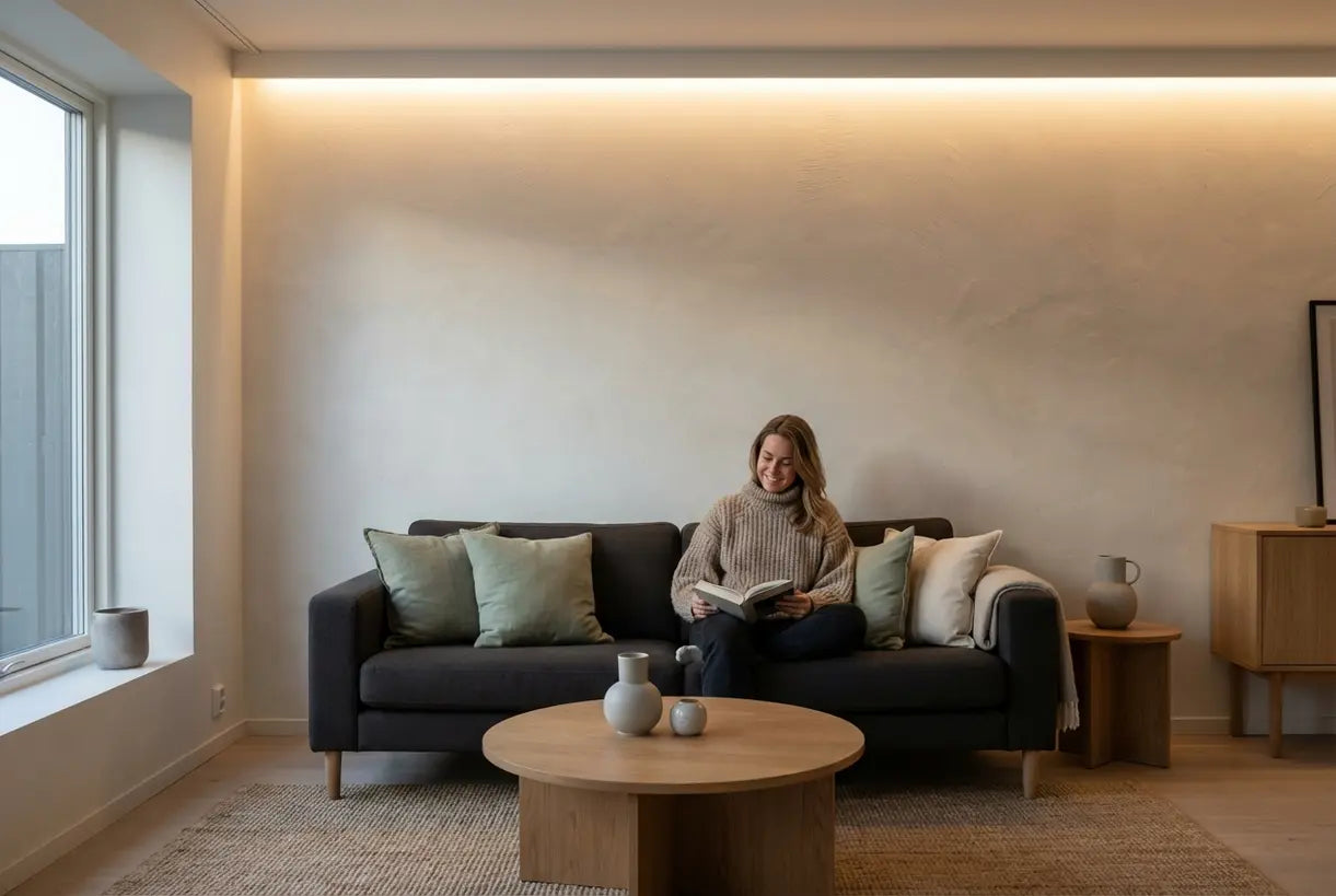 LED-stripverlichting wandontwerp voltooid in Scandinavische woonkamer met warme sfeerverlichting