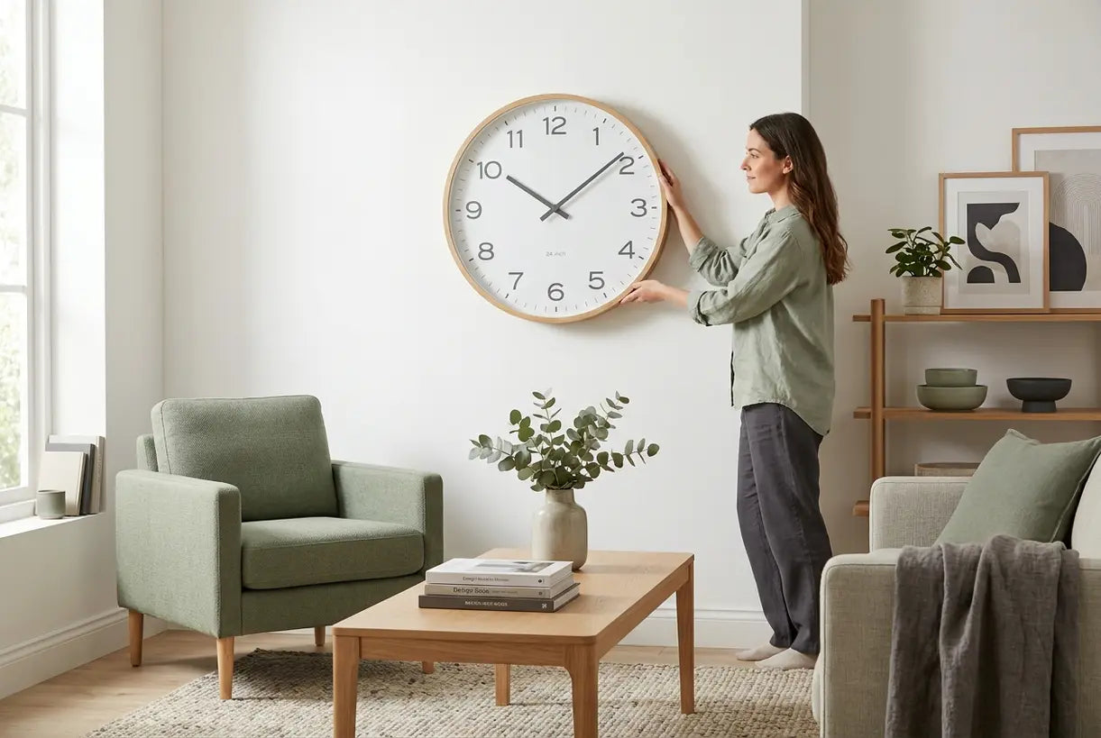 Scandinavian living room with person adjusting 24 inch wall clock on white wall showing proper placement