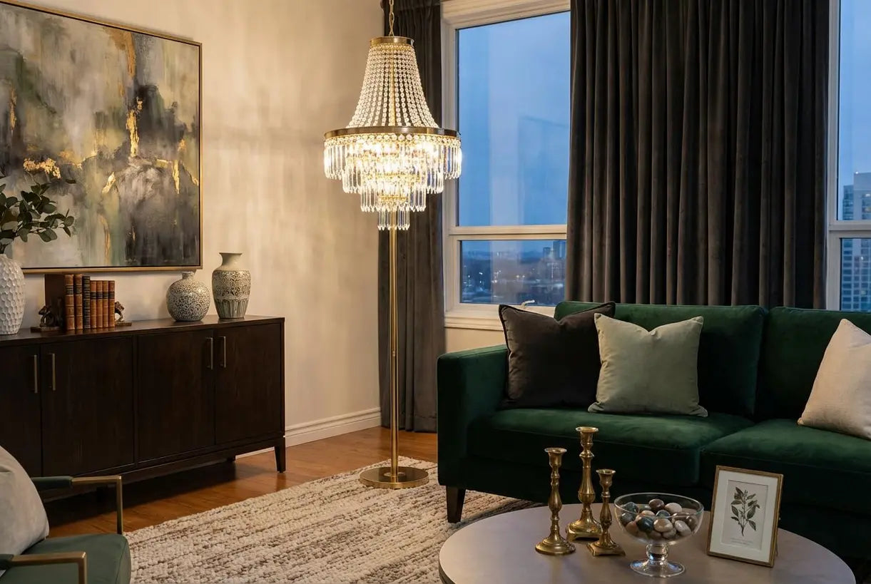 Elegante woonkamer met kristallen kroonluchter vloerlamp die een glamoureuze sfeer creëert