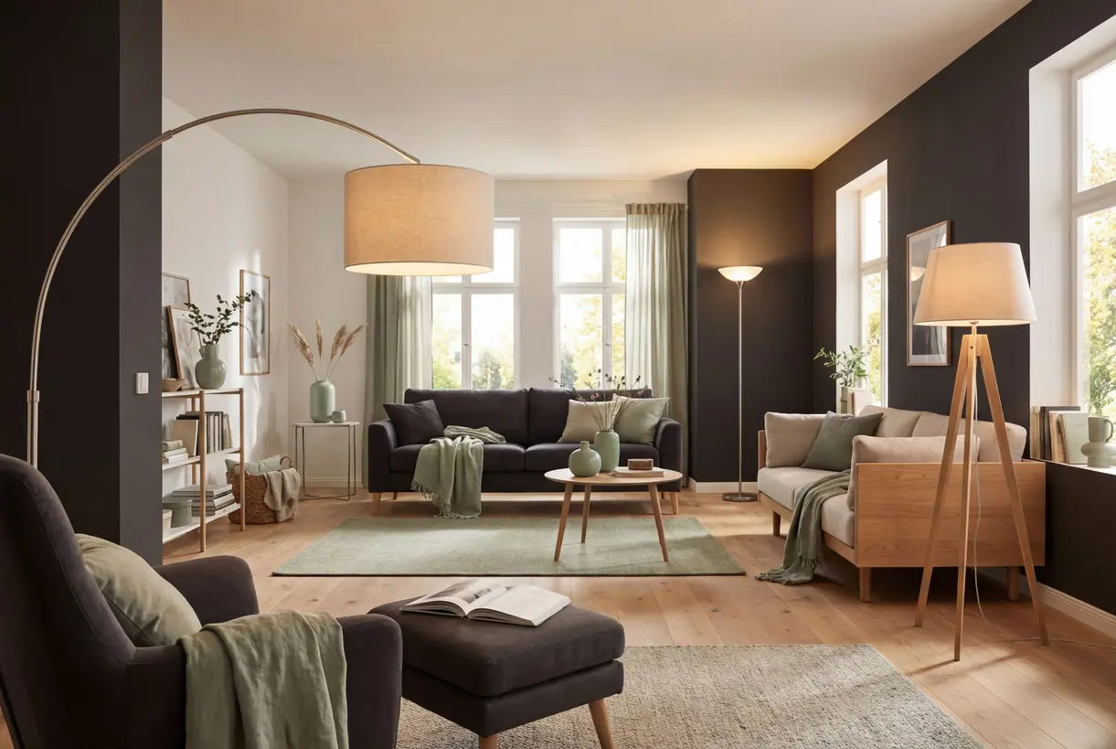 Scandinavische woonkamer met verschillende vloerlampen, waaronder een booglamp, een uplighter en een driepootlamp
