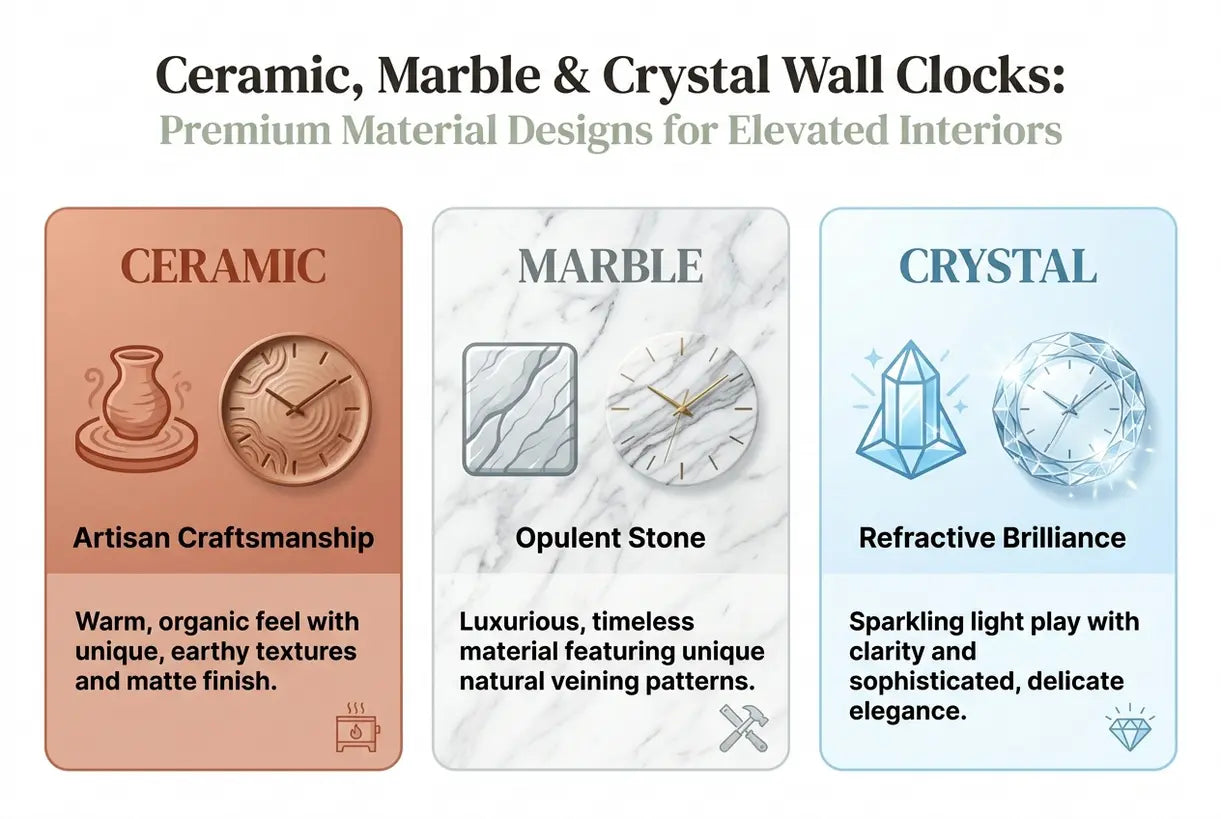Ceramic, Marble & Crystal Wall Clocks: Premium Material Designs for Elevated Interiors - infographic