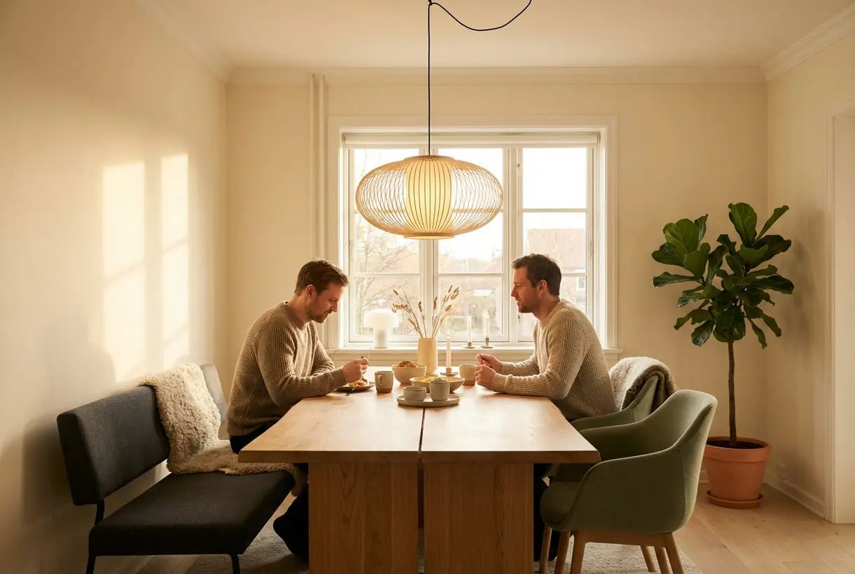 Scandinavische eetkamer met opvallende plafondlamp die een warme hygge-sfeer creëert