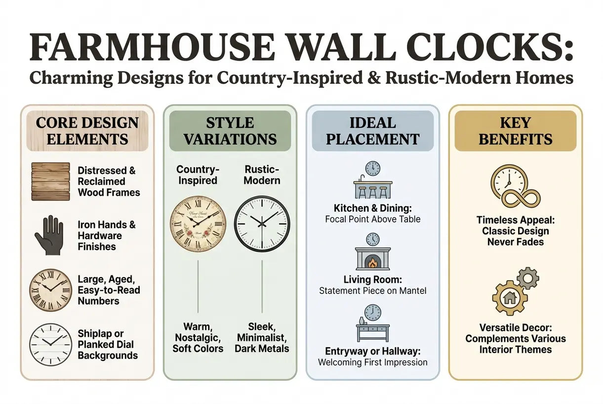 Farmhouse Wall Clocks: Charming Designs for Country-Inspired & Rustic-Modern Homes - infographic