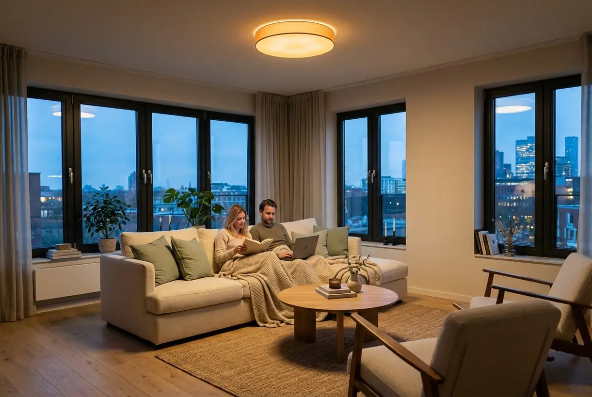 Moderne Scandinavische woonkamer met dimbare opbouw plafondlamp die een warme sfeer creëert