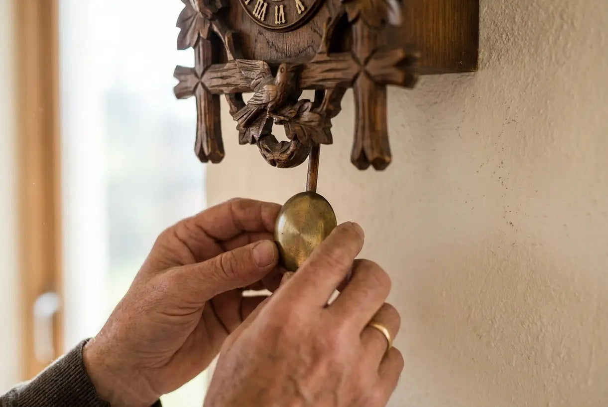 Handen die een traditionele koekoeksklok slinger aan de muur aanpassen