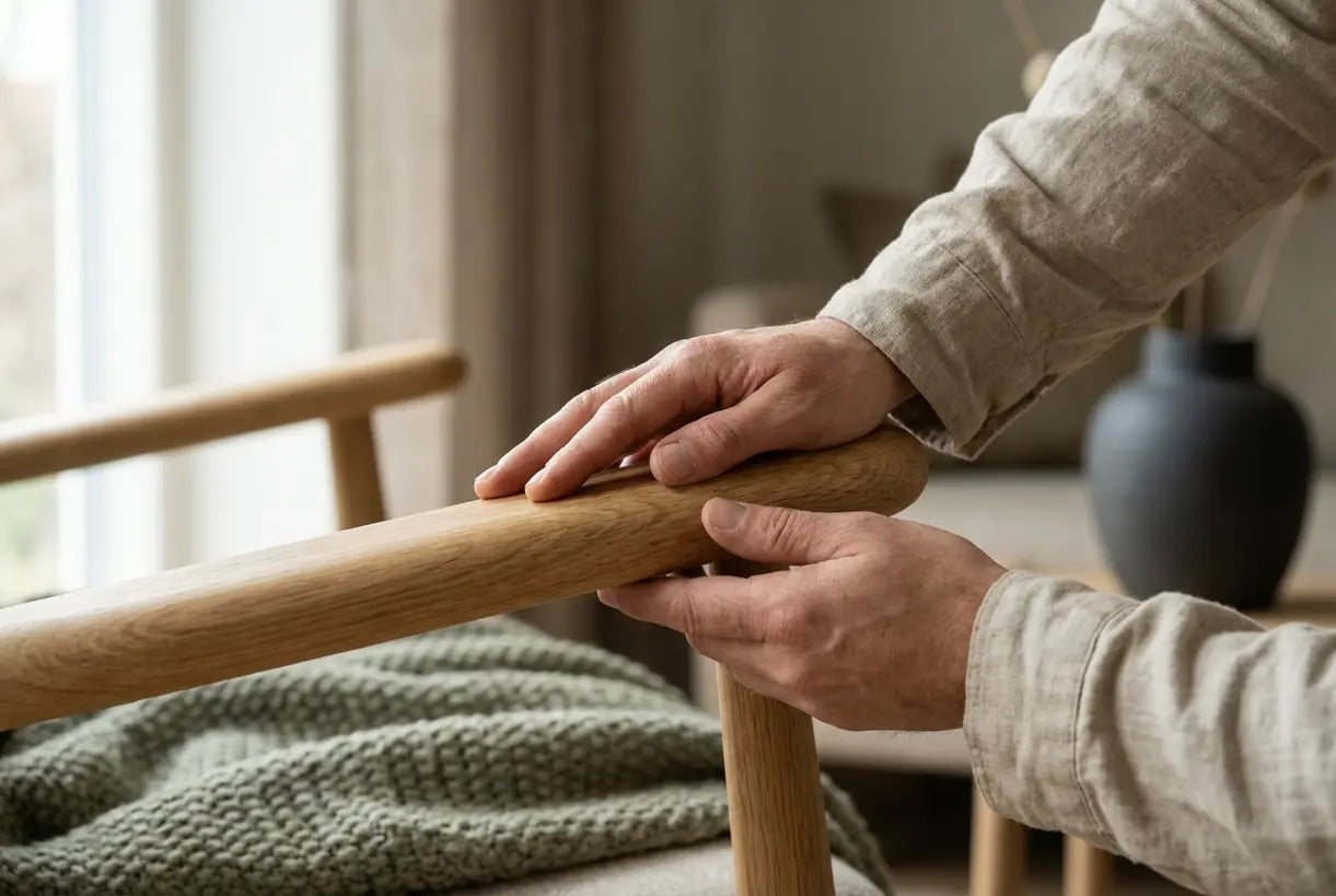 Hands tracing natural wood grain on Danish modern furniture piece