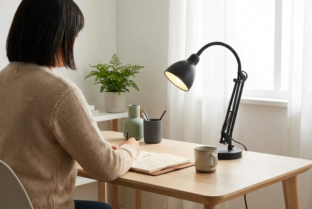 Verstelbare bureaulamp die een moderne Scandinavische thuiswerkplek verlicht