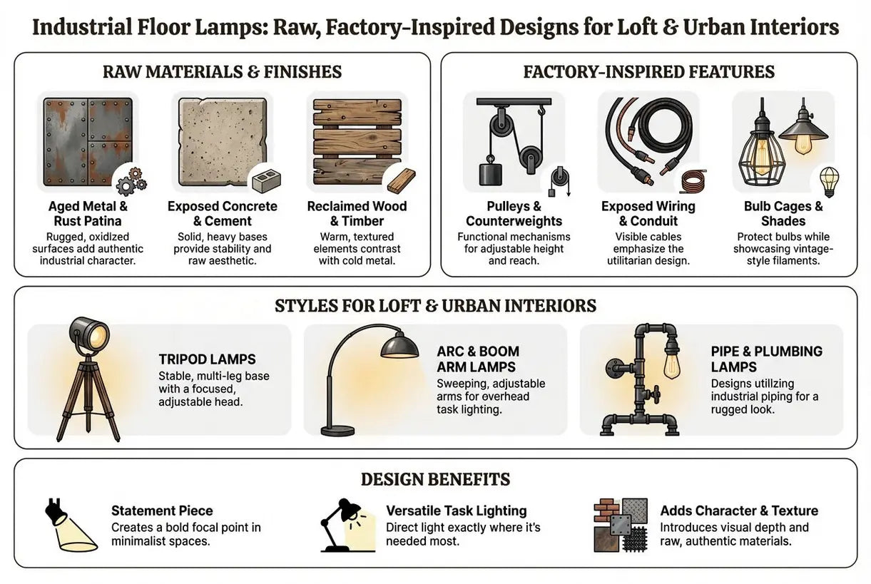 Industriële vloerlampen: Ruw, fabrieksinspirerend design voor loft & stedelijke interieurs - infographic