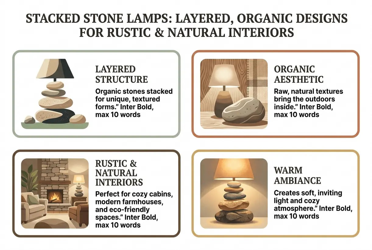 Gestapelde stenen lampen: gelaagde, organische ontwerpen voor rustieke en natuurlijke interieurs - infographic
