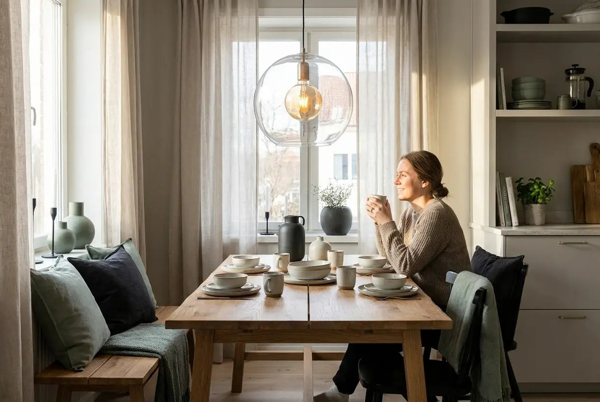 Scandinavian eat-in kitchen with pendant light above dining table