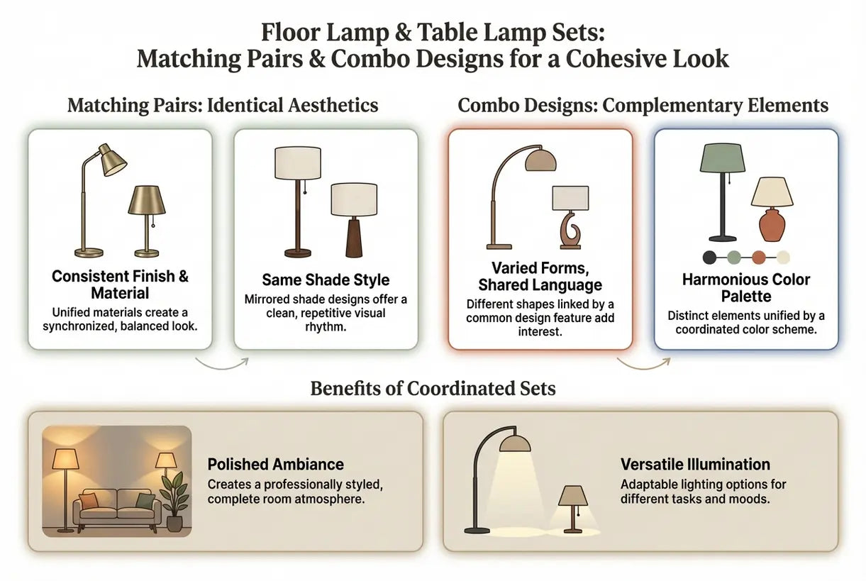 Vloerlamp & Tafellamp Sets: Bijpassende Paren & Combo Ontwerpen voor een Cohesieve Look - infographic
