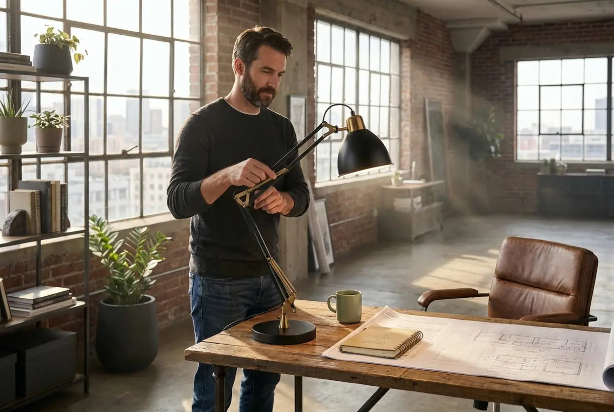 Stedelijke loft werkplek met industriële bureaulamp op een gerecycled houten bureau